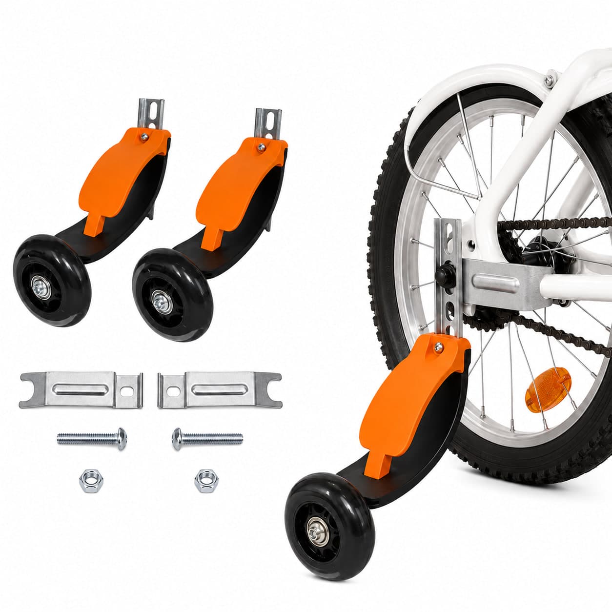 Stabilisateurs flexibles Baswil — la paire, la visserie de montage et un stabilisateur fixé sur une roue de vélo