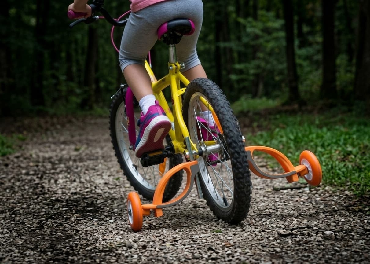 Child on a bike with Baswil — the bike leans naturally into the turn