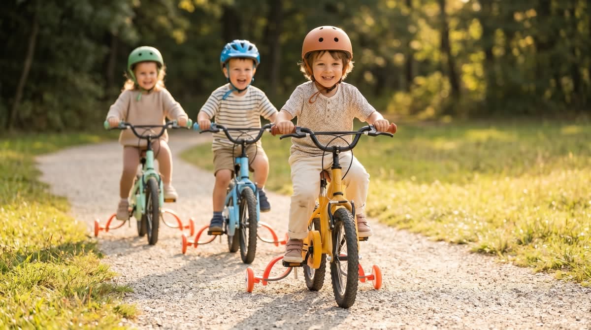 Three children riding kids bikes in a sunny park, helmets fitted