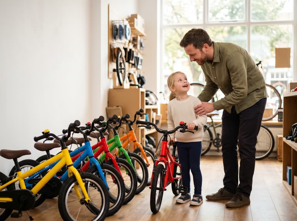 Parent and child choosing a kids bike in a friendly bike shop