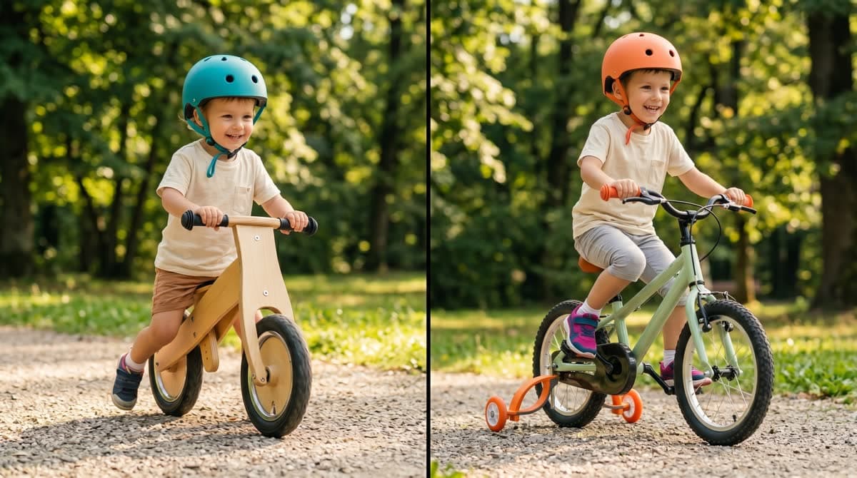 Two children side by side: a balance bike on one side, a pedal bike with Baswil stabilisers on the other